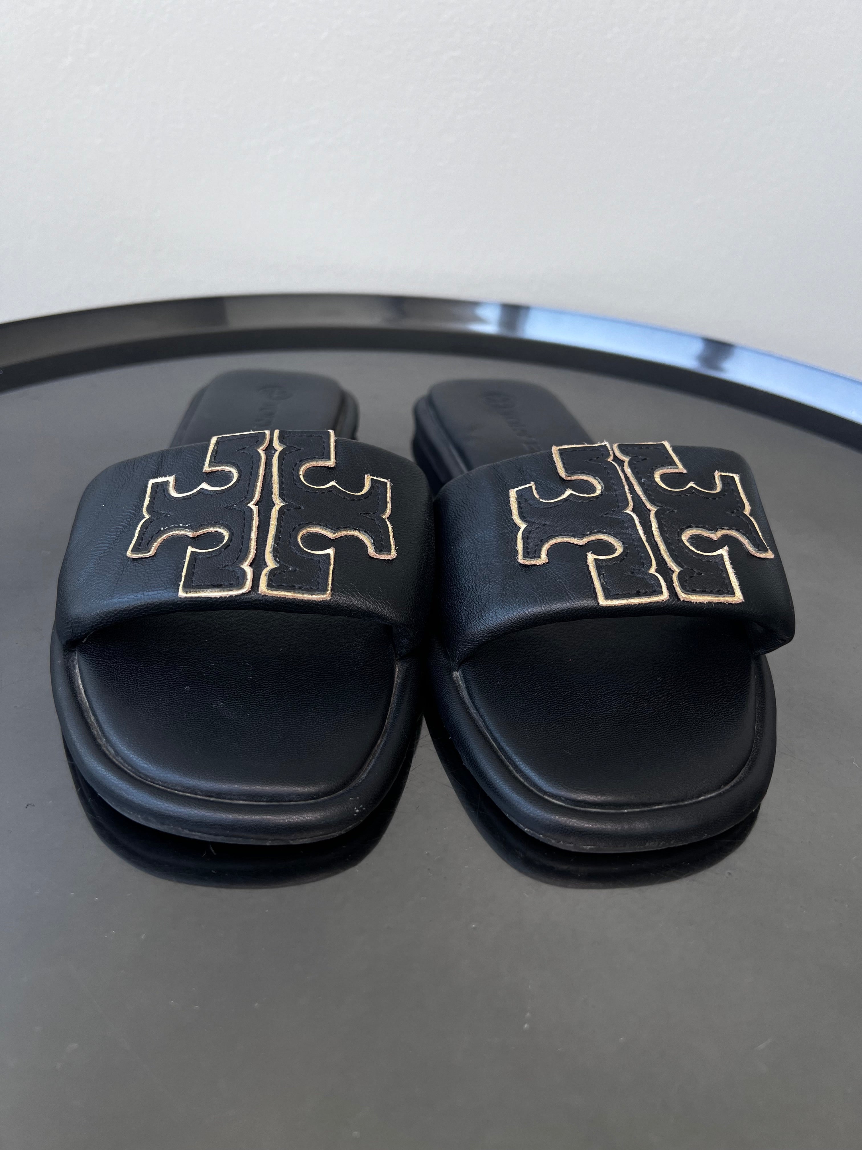 Black leather slides with TB gold logo - TORY BURCH