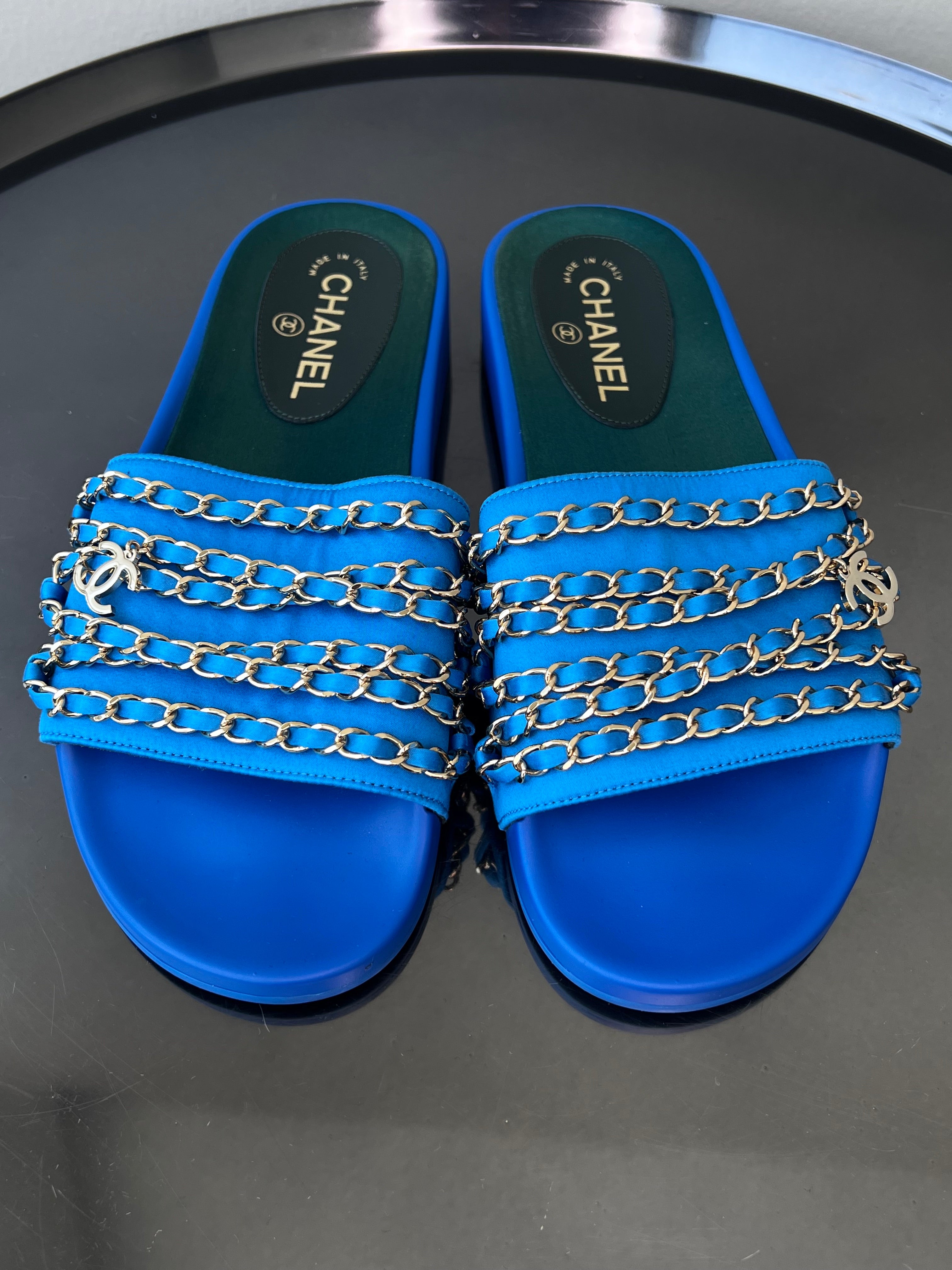Chanel Navy Blue Leather Chain Embellished CC Flat Slides