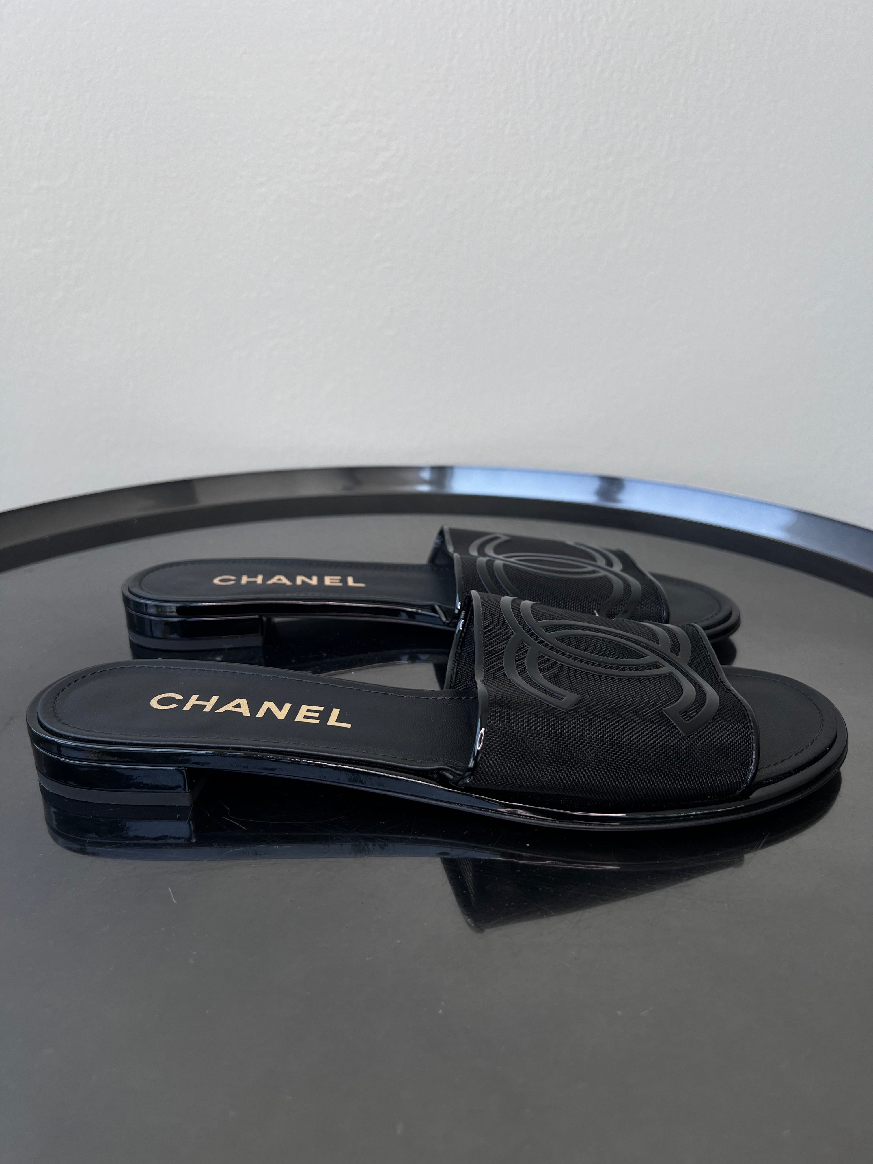 Black Chanel mesh cover slippers - CHANEL