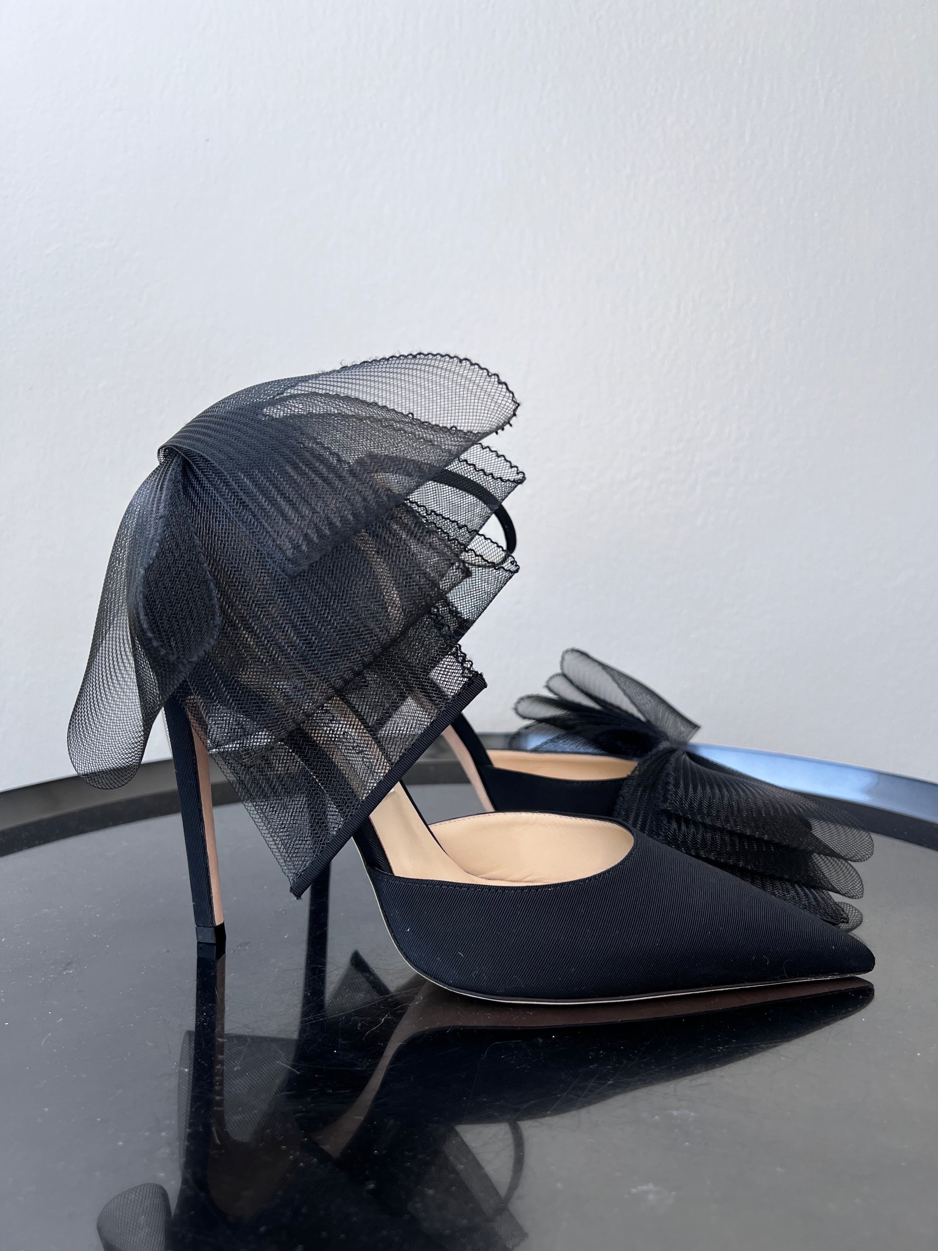 JIMMY CHOO Aveline 100 Silver Sandals with Asymmetric Grosgrain Mesh  Fascinator Bows - Polo Avenue