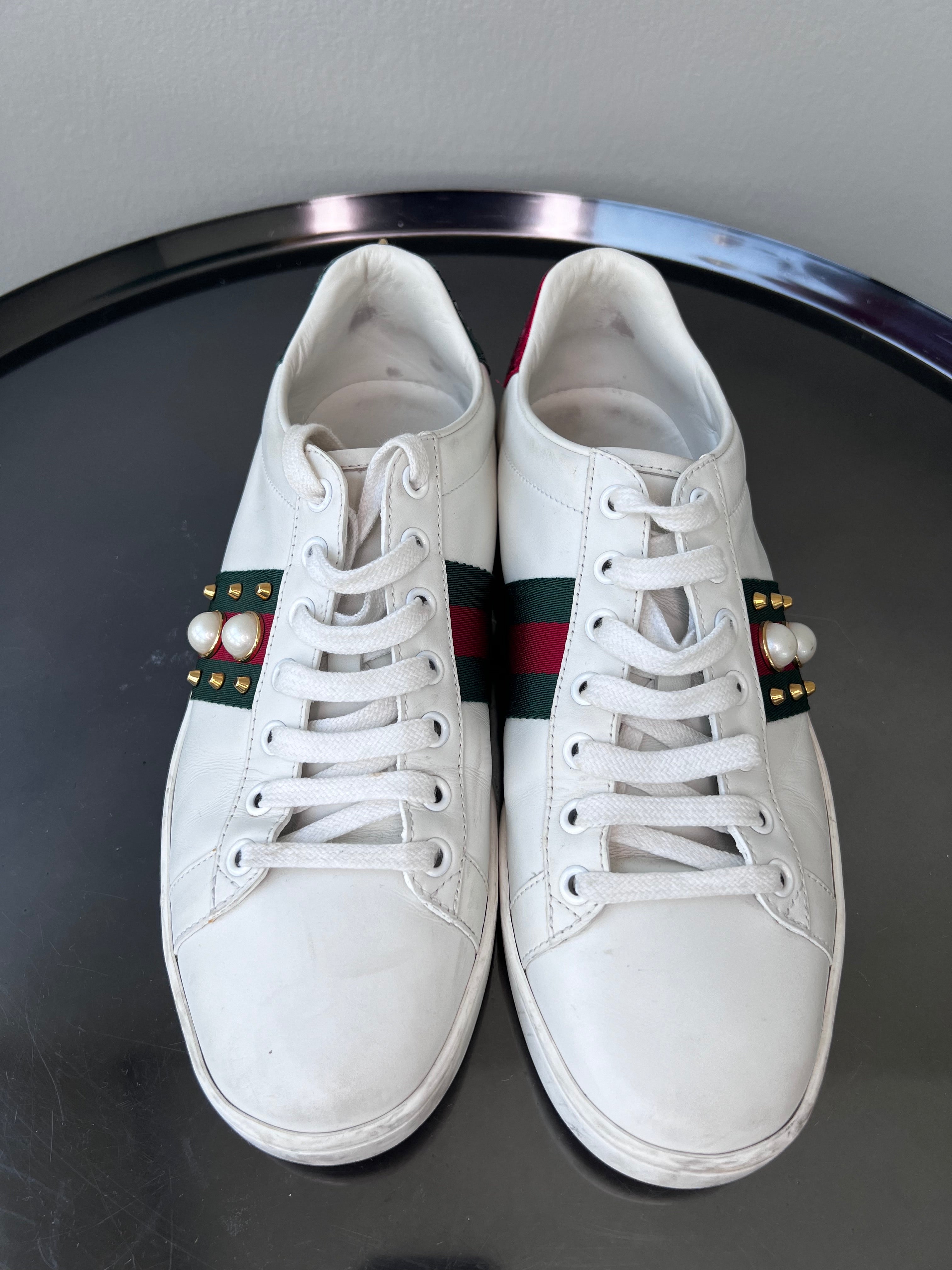 White pearl embellished Ace sneakers - GUCCII