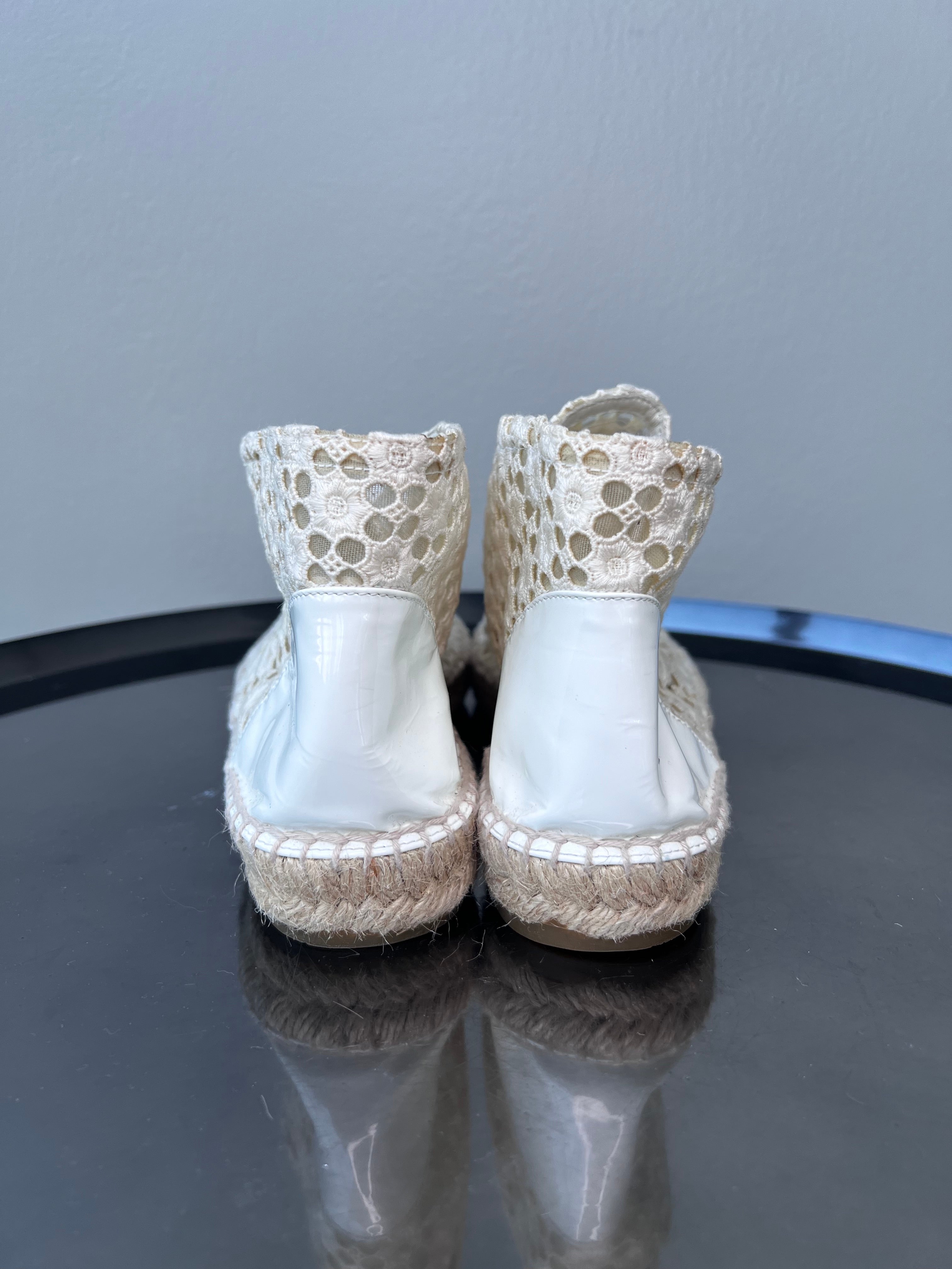 Cream eyelet lace and patent leather espadrilles - CHANEL