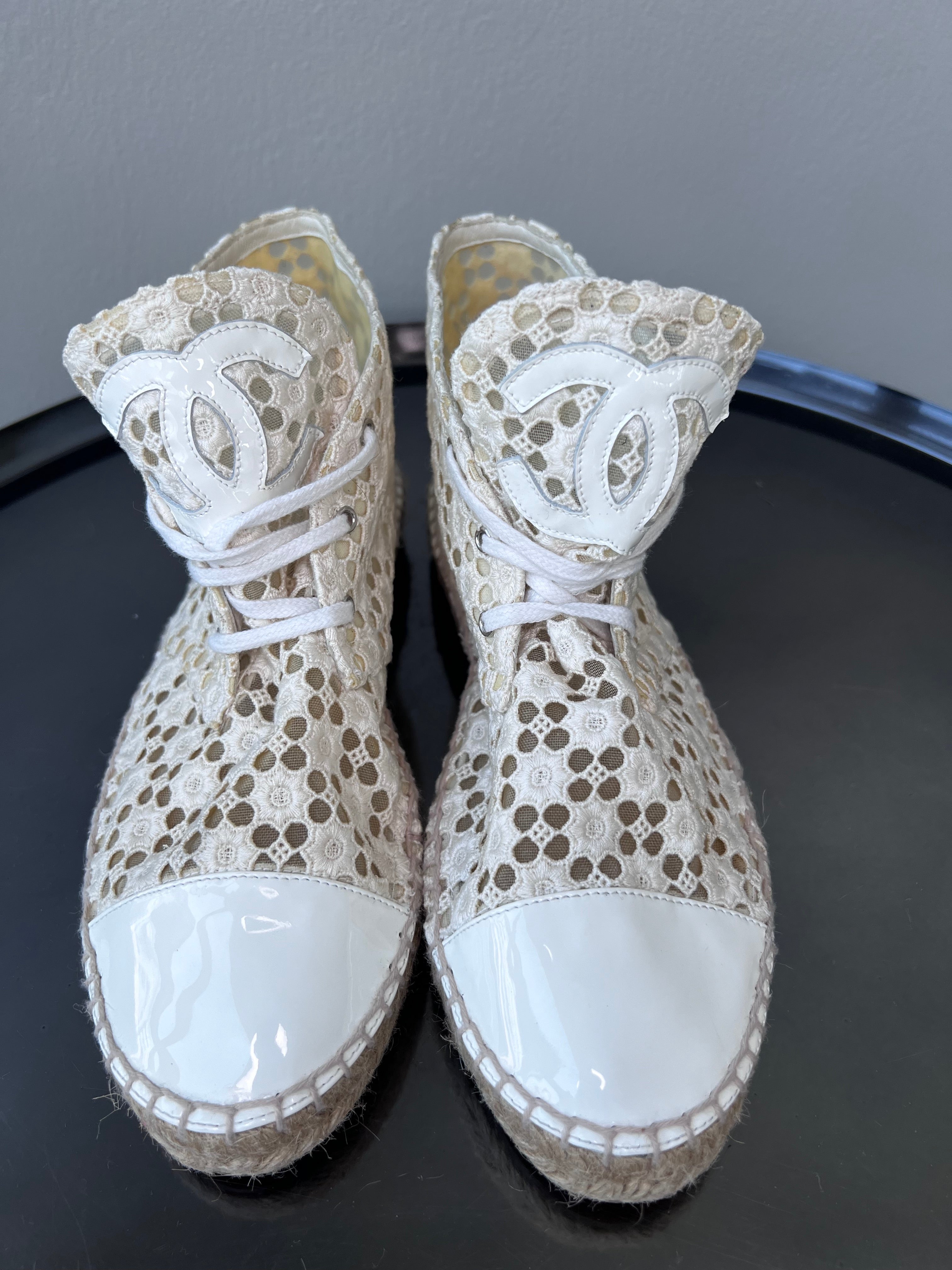 Cream eyelet lace and patent leather espadrilles - CHANEL