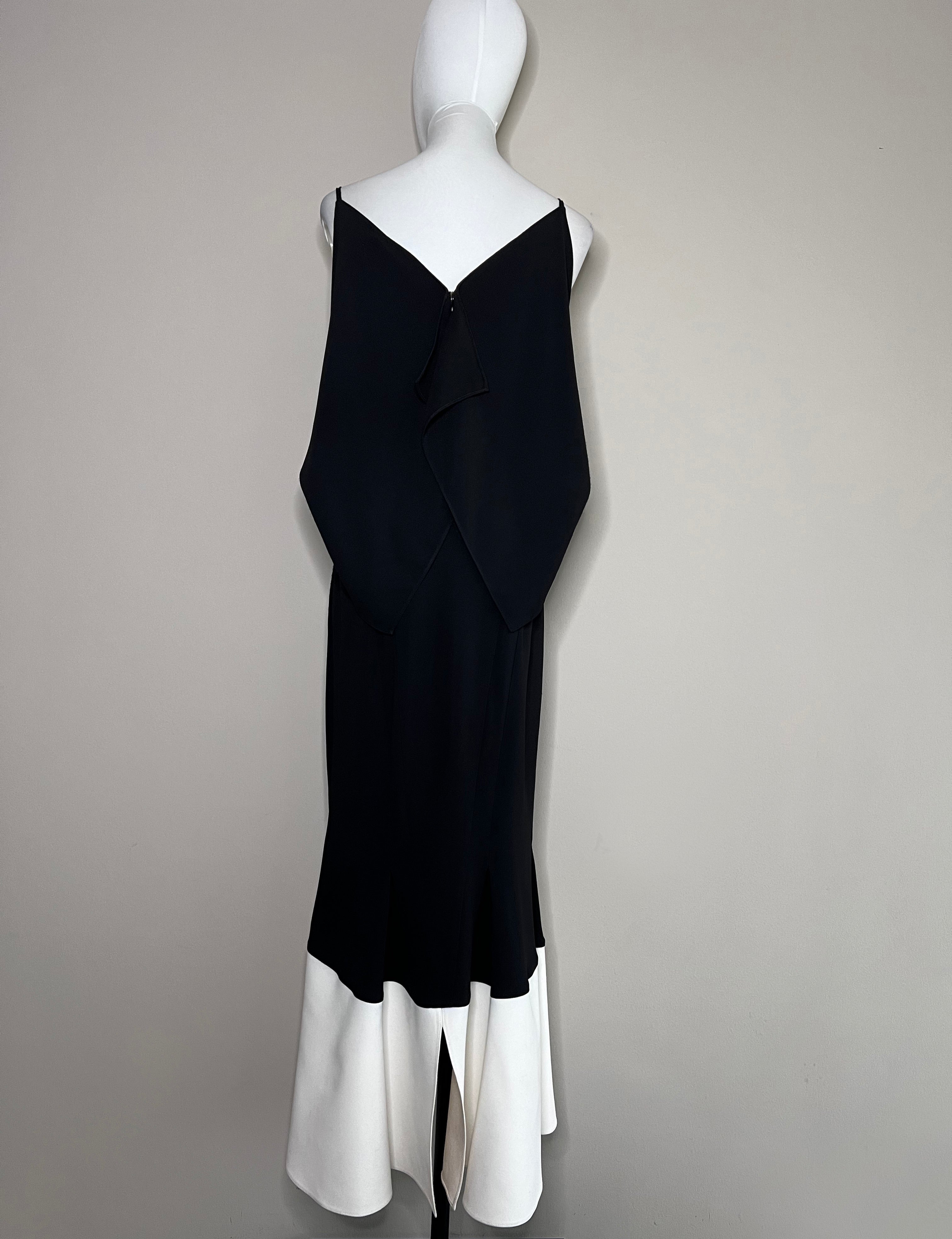 Black & White v cut elegant silk midi dress - ROLAND MOURET
