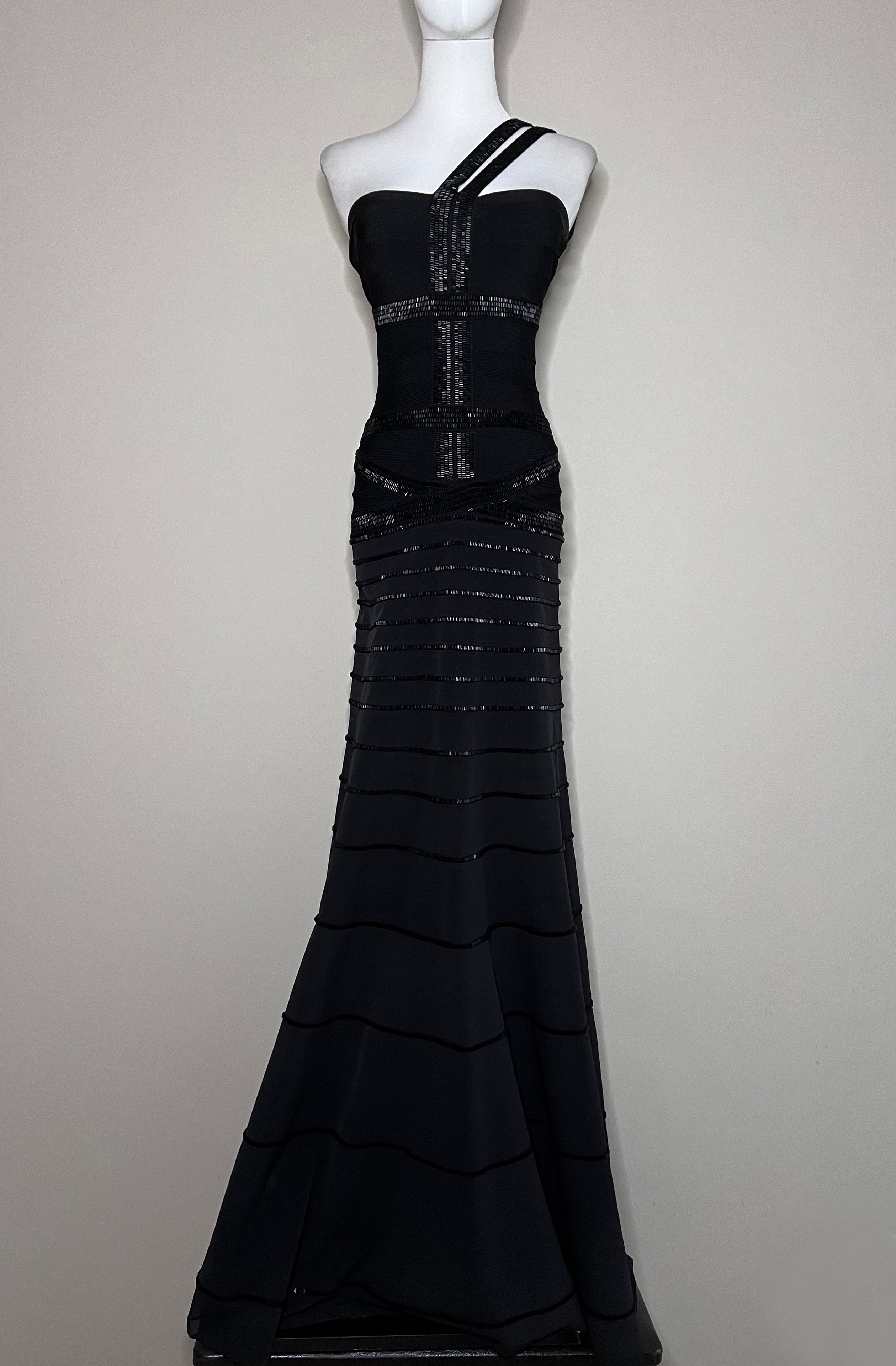 Black A line Beaded Bandage Halter Dress - HERVE LEGER