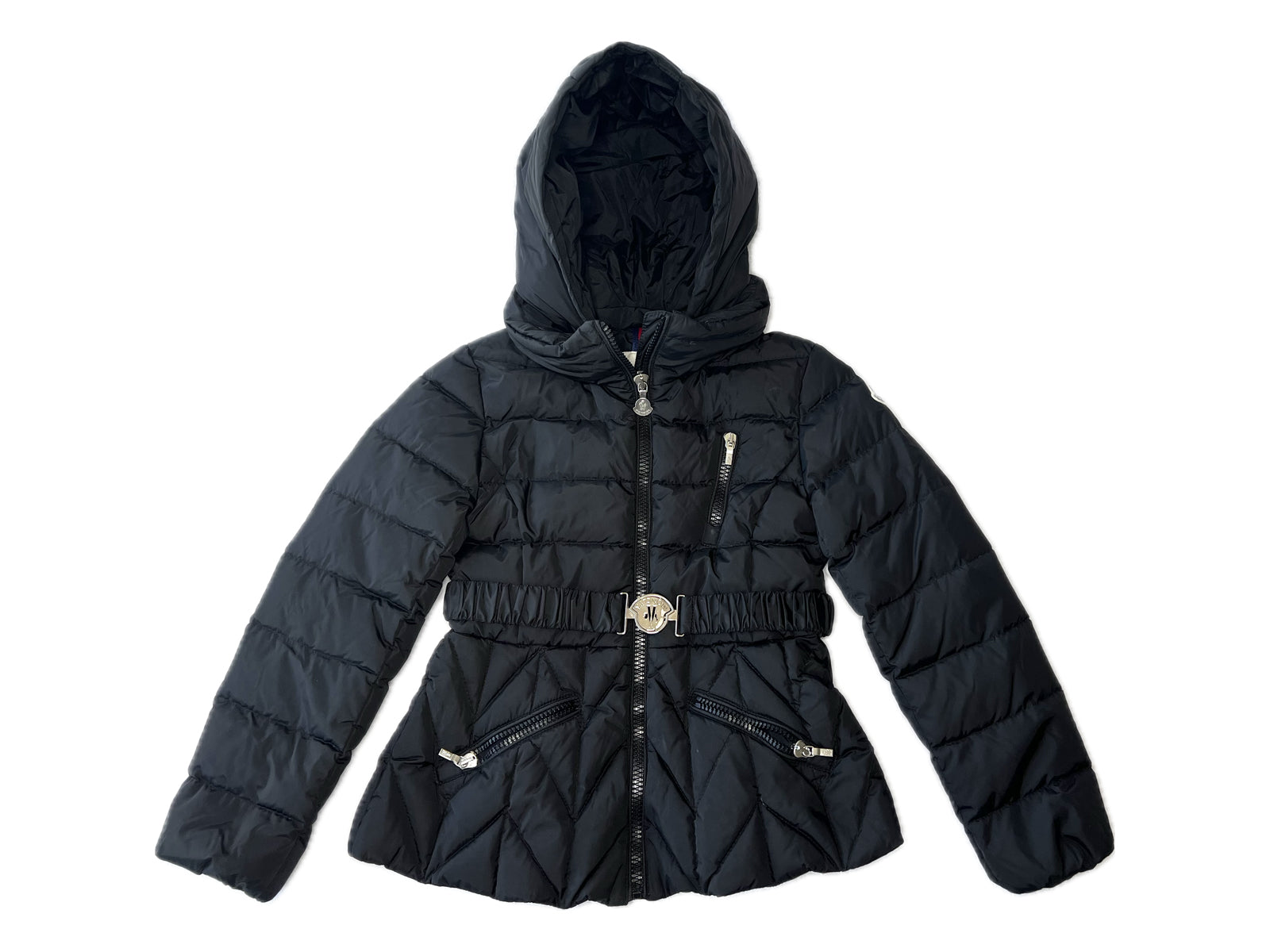 Black Moncler jacket with hood and waist belt and pockets.