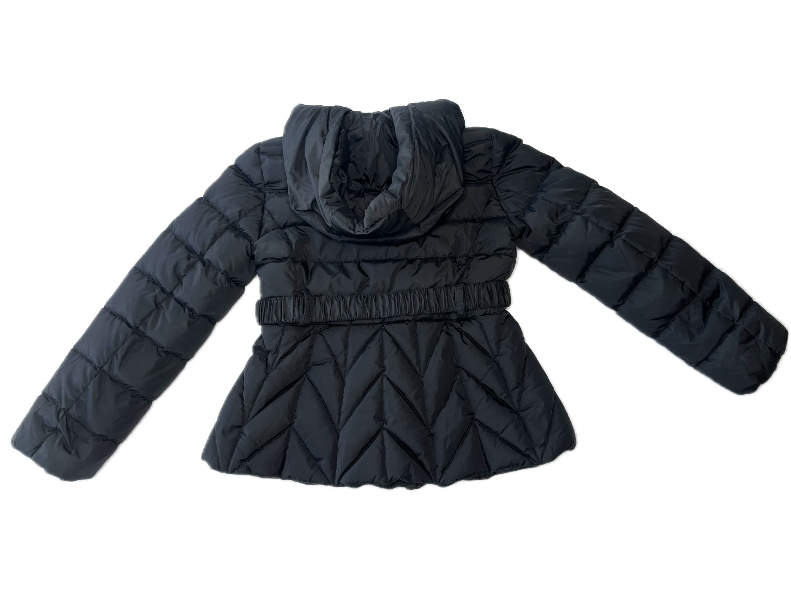 Black Moncler jacket with hood and waist belt and pockets.