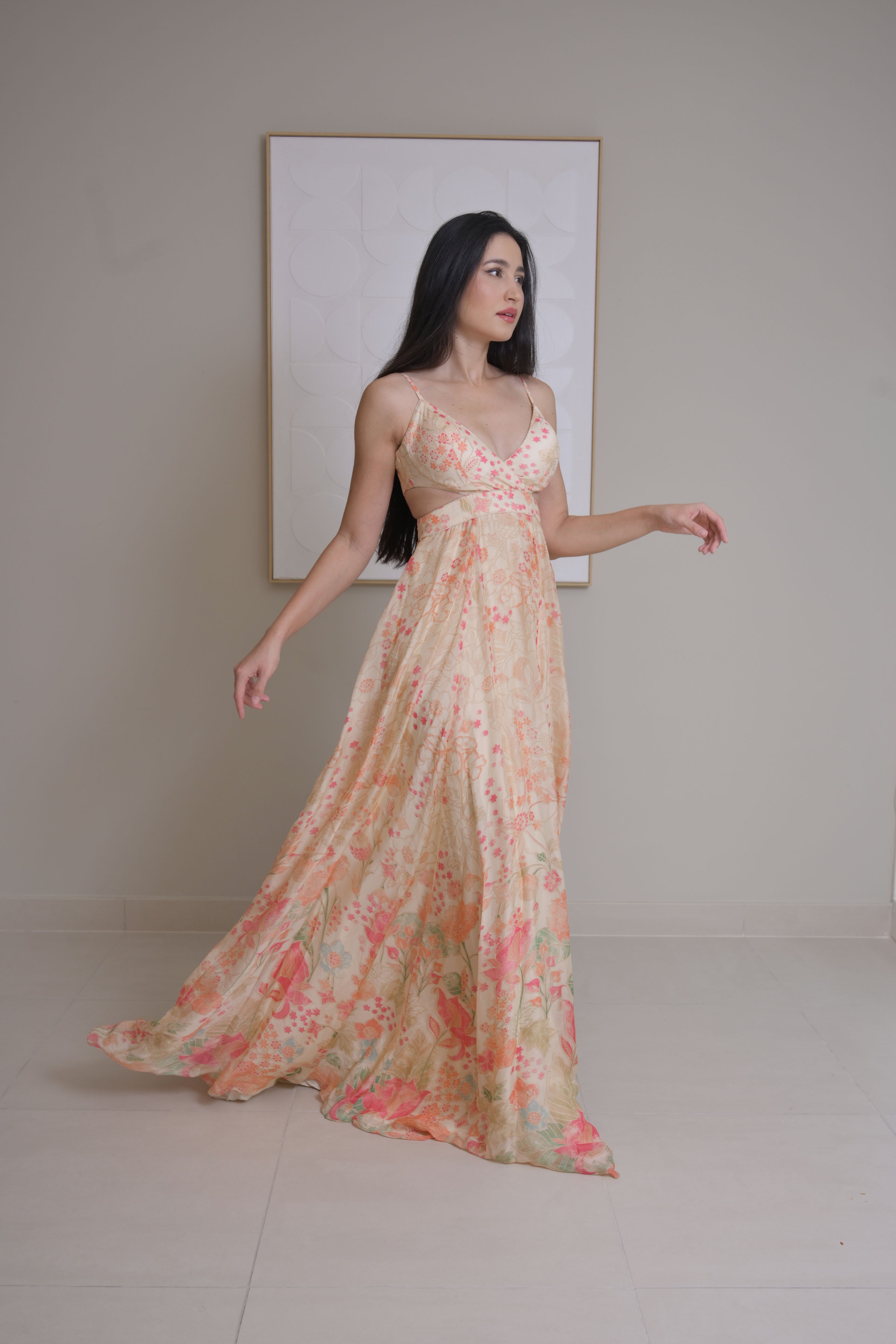 Alaya Gown with enchanting floral print and cut out details flowy soft tune desert dress - ANITA DONGRE