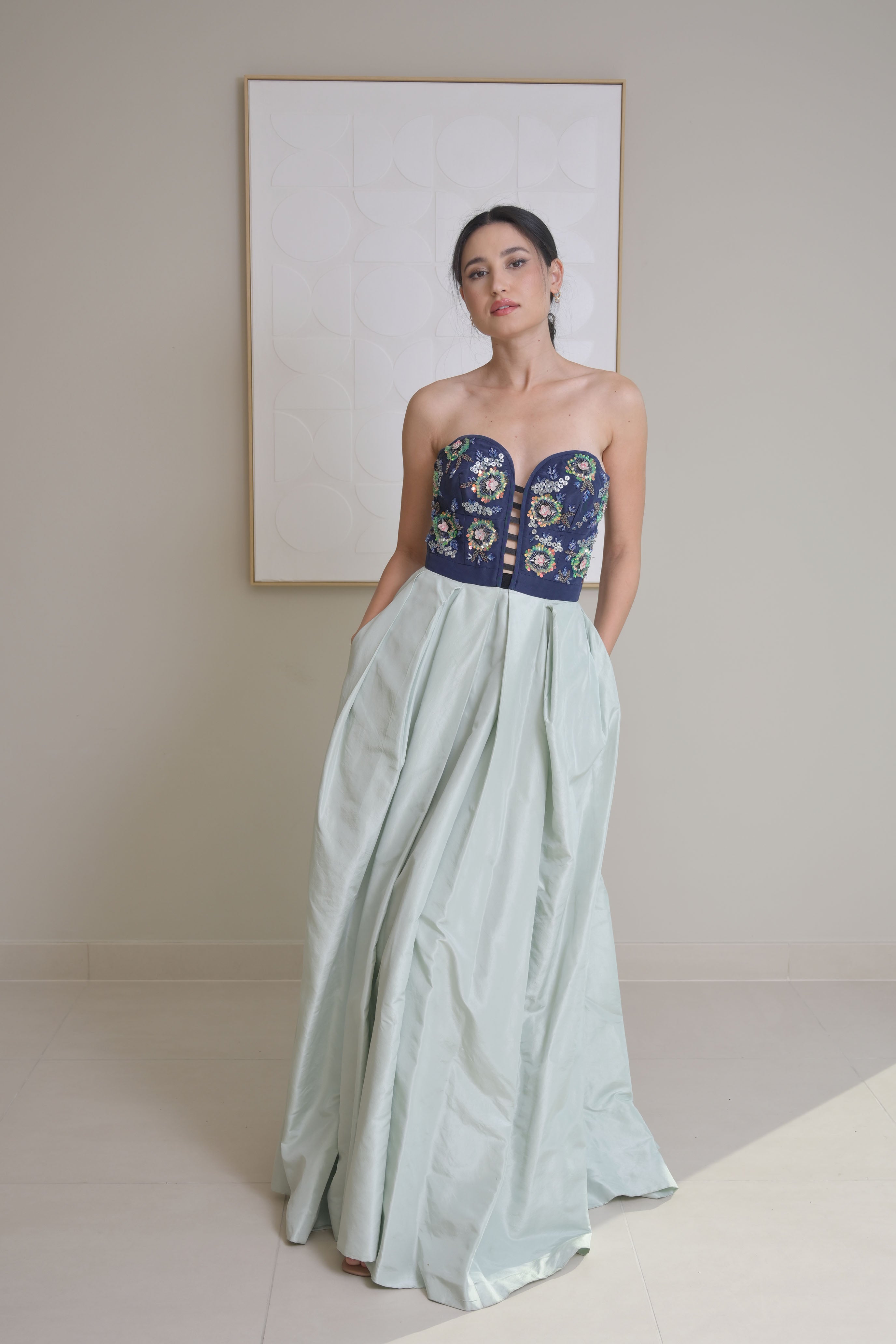 Navy Strapless Fit-&-Flare pleates long gown - OSCAR DELA RENTA