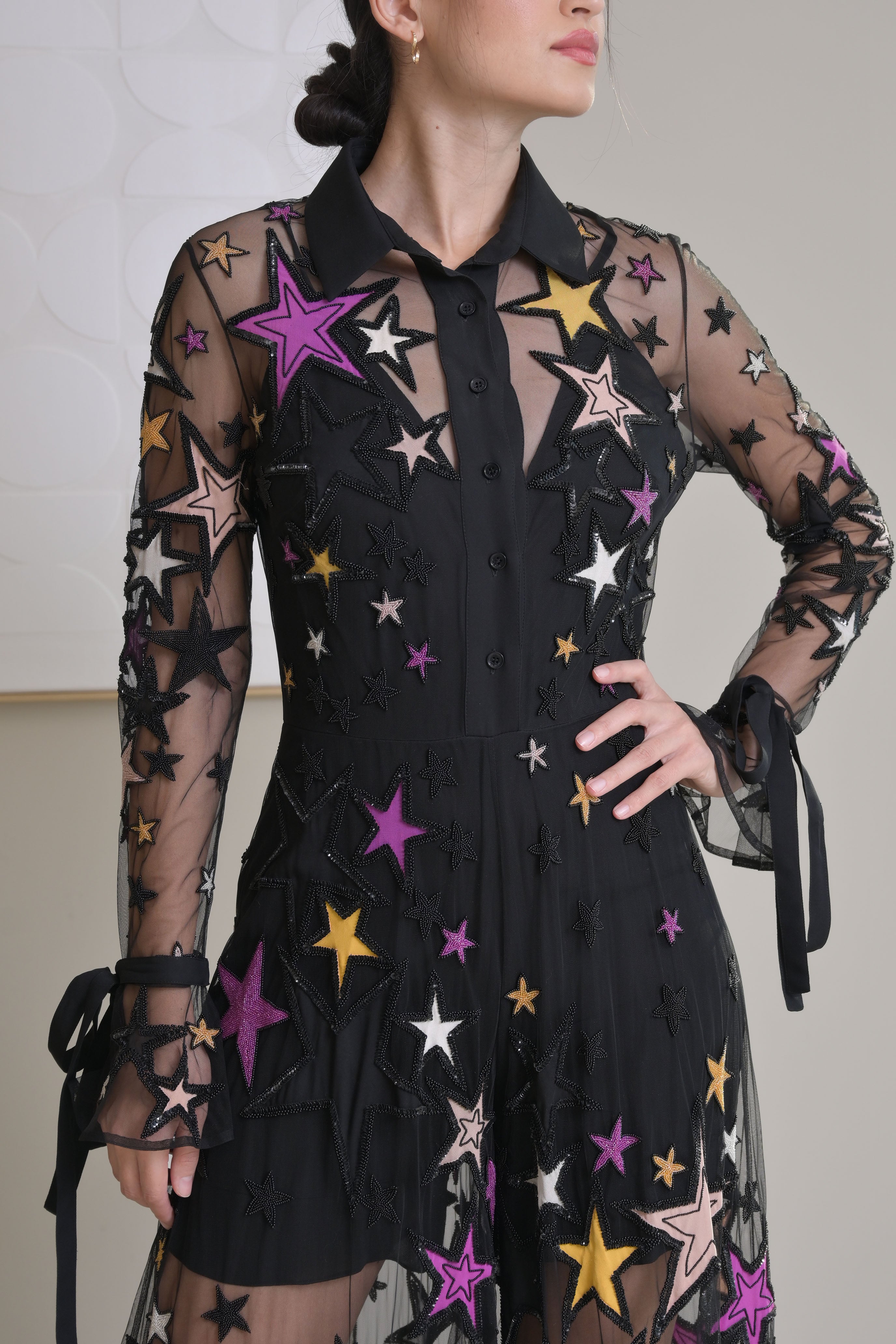 Black Mesh Star Design Perspective Maxi Dress - ELIE SAAB