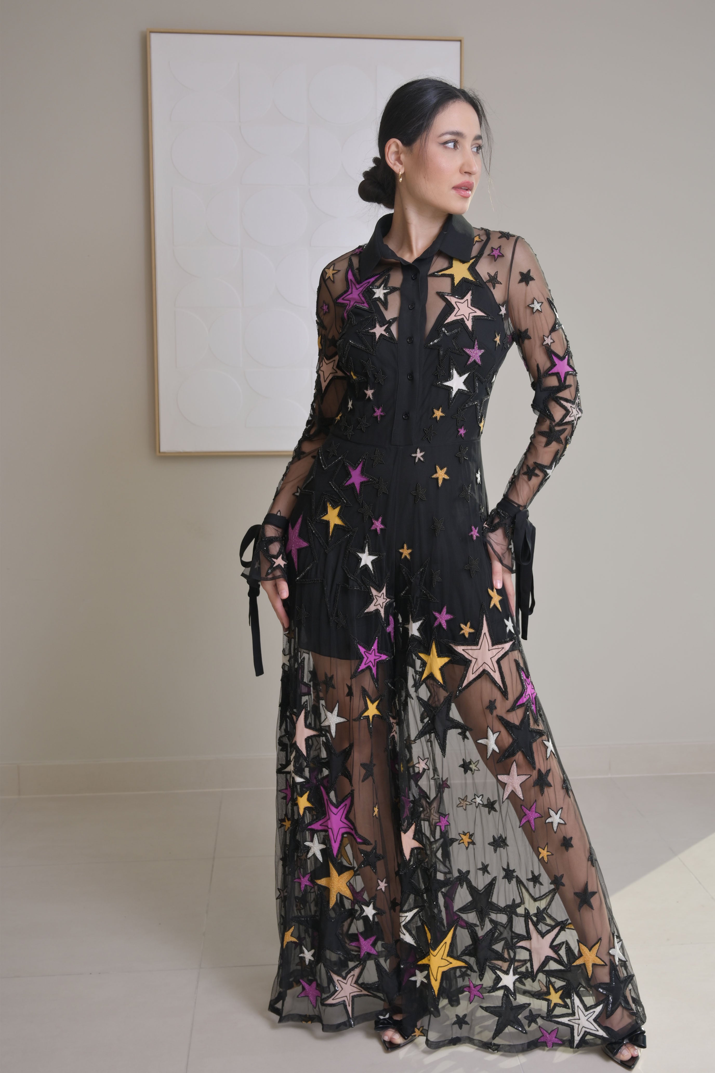 Black Mesh Star Design Perspective Maxi Dress - ELIE SAAB