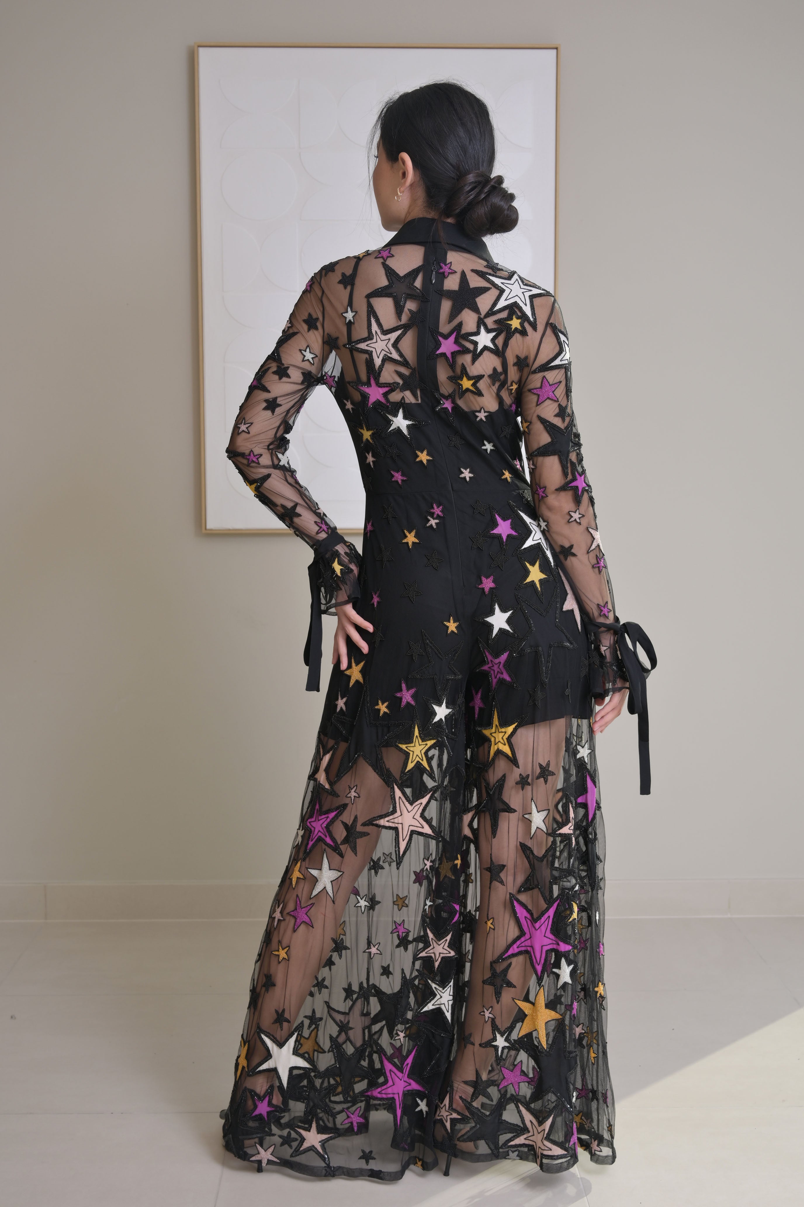 Black Mesh Star Design Perspective Maxi Dress - ELIE SAAB