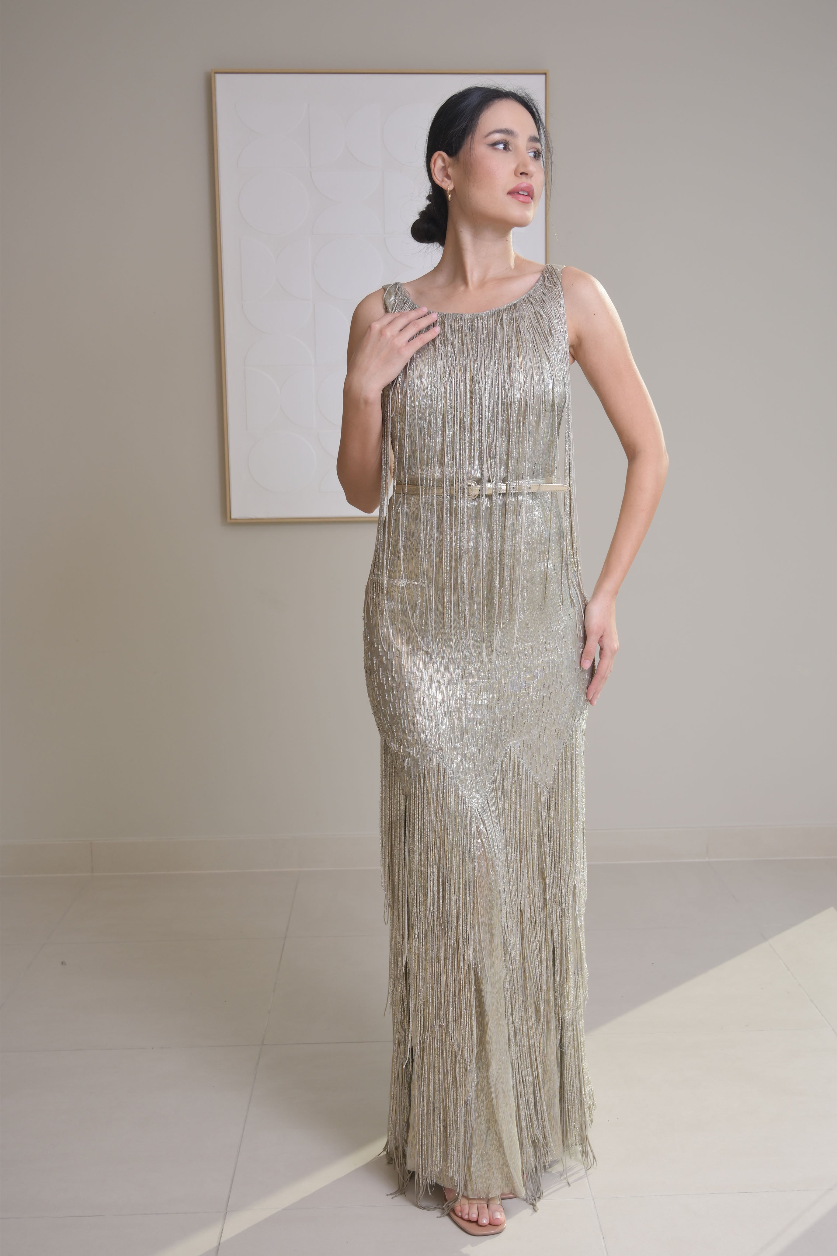 Silver bead fringe sleeveless Column gown - OSCAR DELA RENTA