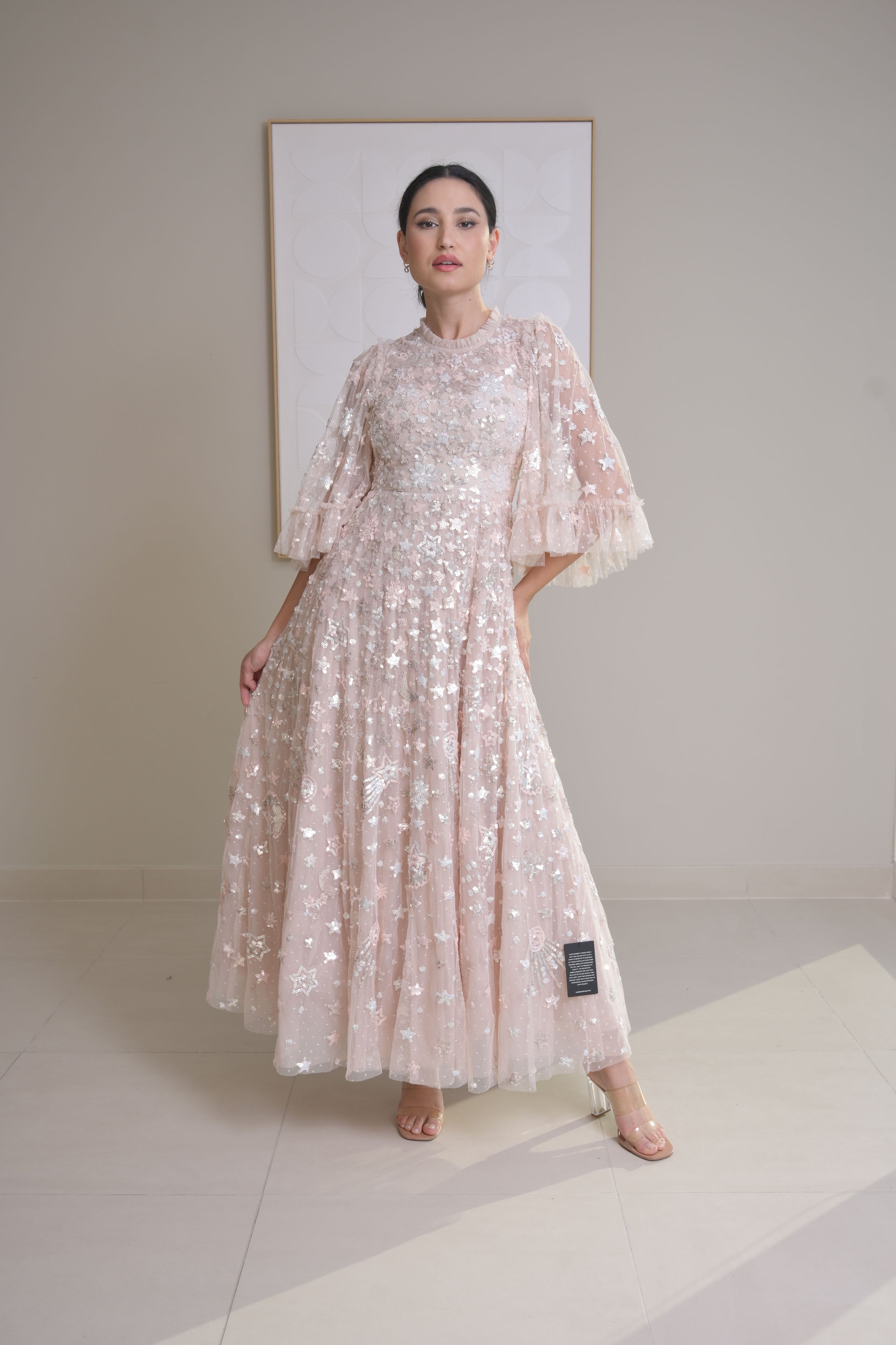 Brand New !! Blush Pink star-embellished short-sleeve gown - NEEDLE & THREAD