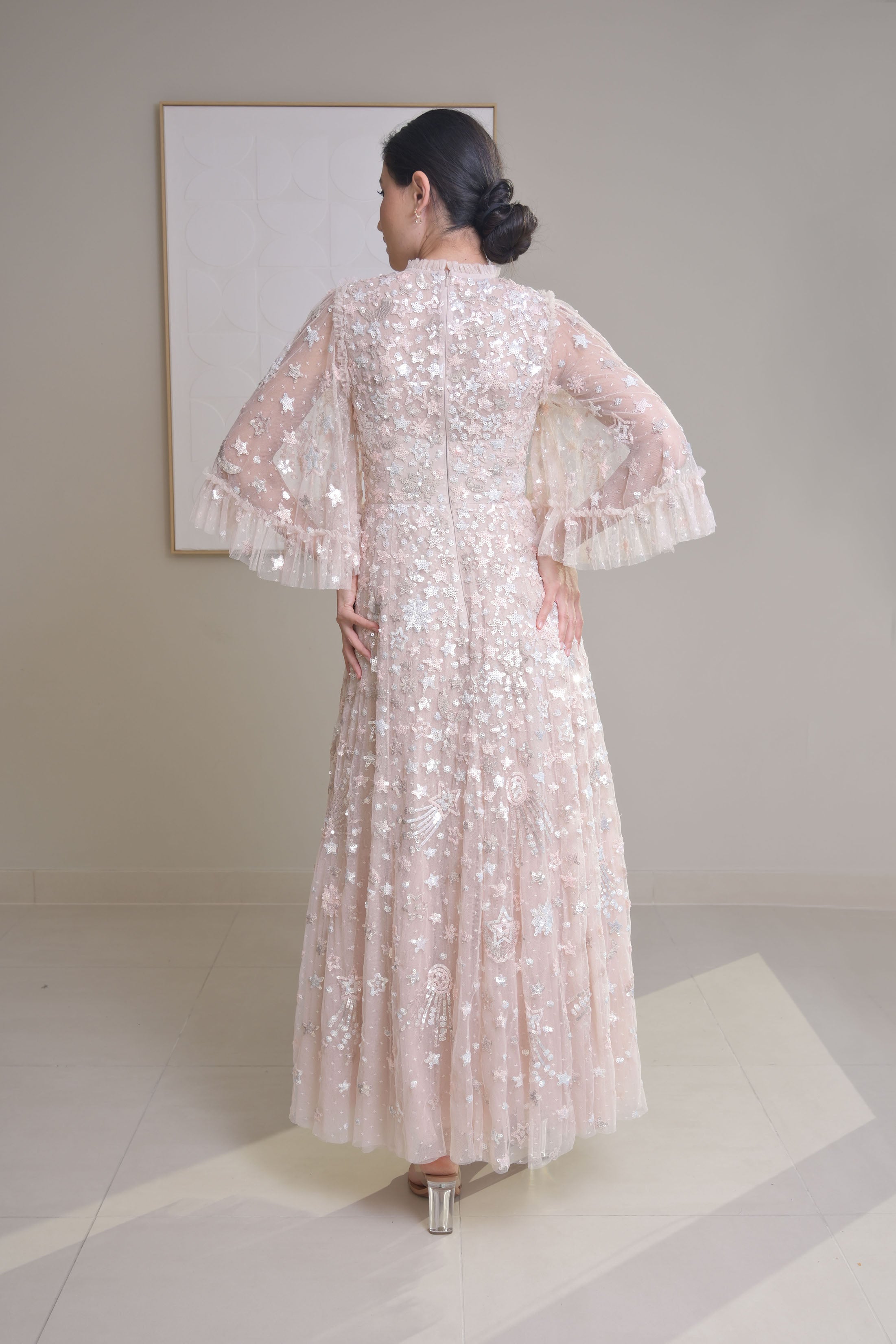 Brand New !! Blush Pink star-embellished short-sleeve gown - NEEDLE & THREAD