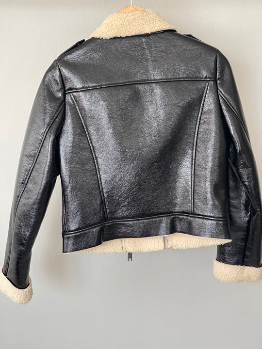 Black vegan leather biker jacket with wool collar and cuffs - DKNY