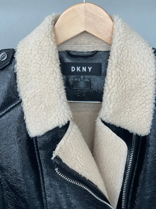 Black vegan leather biker jacket with wool collar and cuffs - DKNY