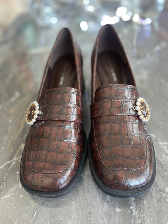 Brown leather heeled loafers with pendant. - CHARLES AND KEITH